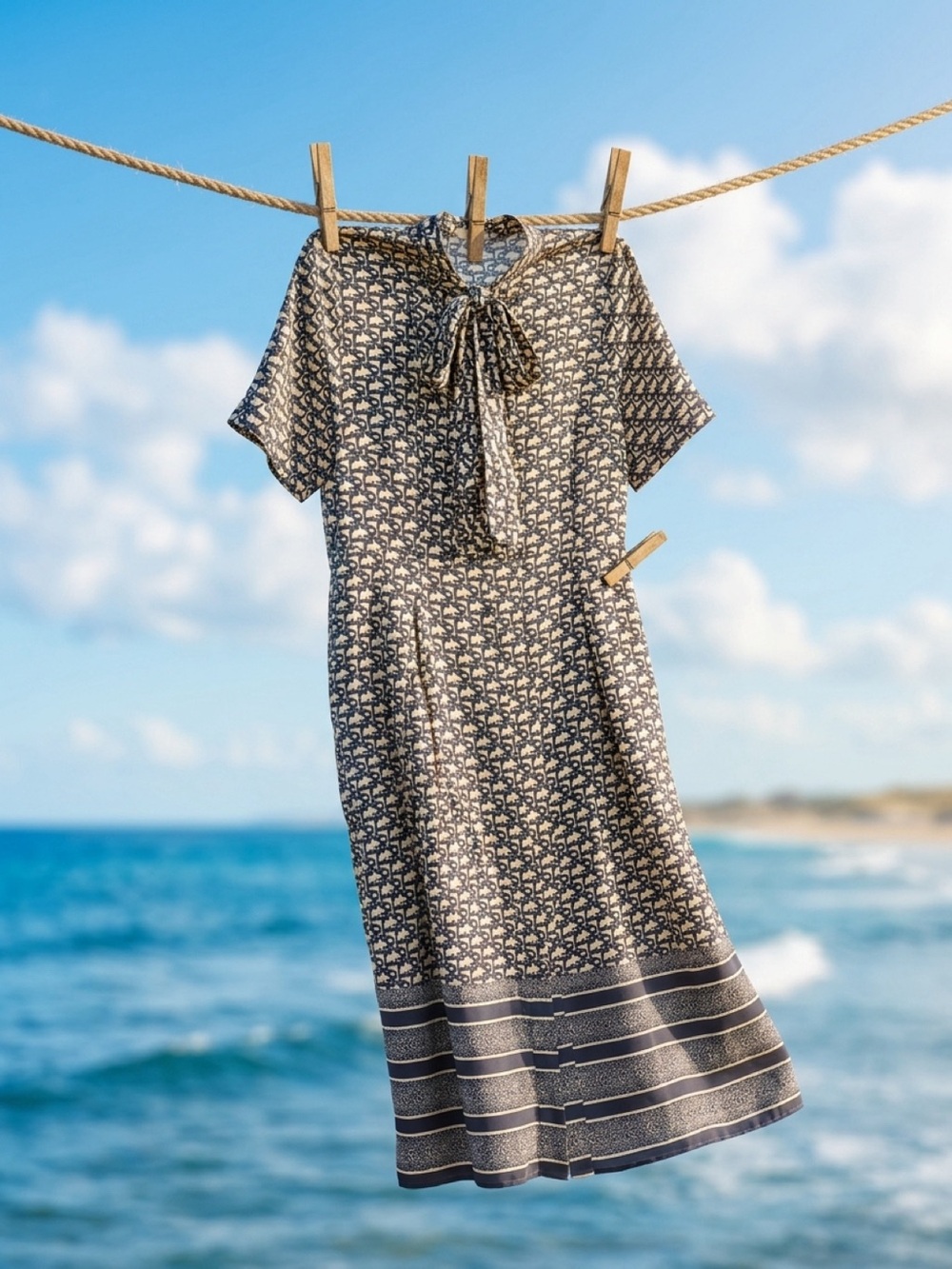 Dior Navy and Cream Printed Midi Dress with Tie Neck